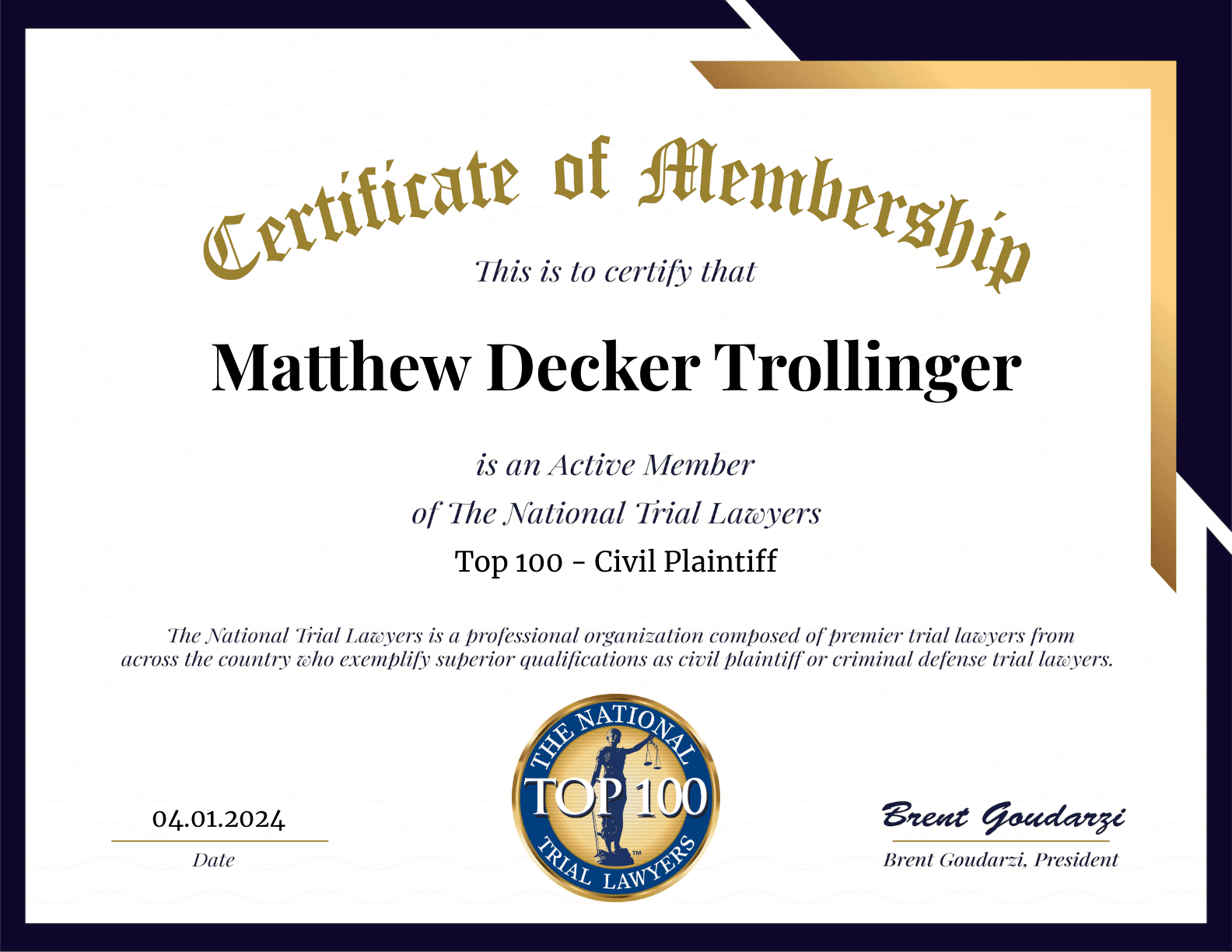 Matt Trollinger certificate